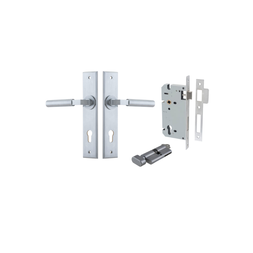 Door Lever Berlin Chamfered Euro Pair Brushed Chrome CTC85mm L120xP59mm BPH240xW50mm Mortice Lock Euro Brushed Chrome CTC85mm Backset 60mm, Euro Cylinder Key Thumb 5 Pin Brushed Chrome 65mm KA4 in Brushed Chrome
