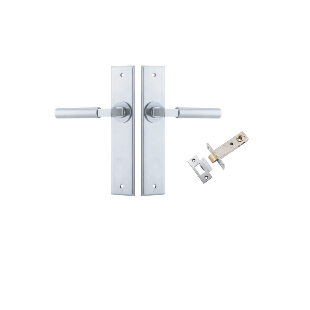 Door Lever Berlin Chamfered Brushed Chrome L120xP59mm BPH240xW50mm Passage Kit Tube Latch Split Cam 'T' Striker Brushed Chrome Backset 60mm in Brushed Chrome