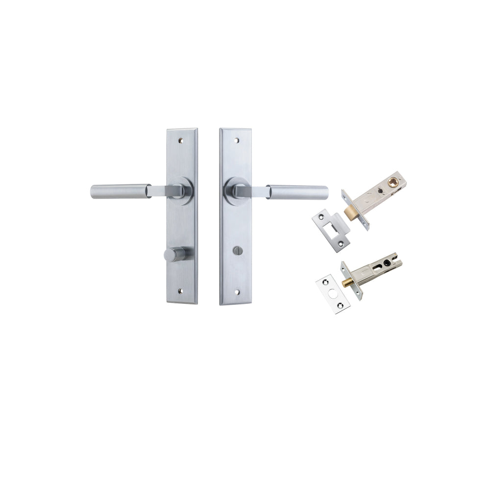 Door Lever Berlin Chamfered Privacy Brushed Chrome CTC85mm L120xP59mm BPH240xW50mm Privacy Kit Tube Latch Split Cam 'T' Striker Brushed Chrome Backset 60mm, Privacy Bolt Round Bolt Brushed Chrome Backset 60mm in Brushed Chrome