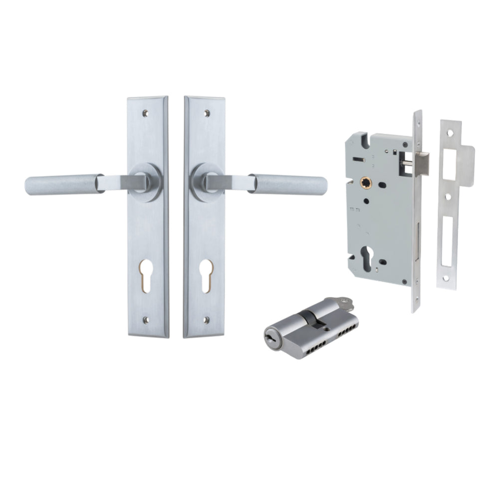 Door Lever Brunswick Chamfered Euro Pair Brushed Chrome CTC85mm L120xP59mm BPH240xW50mm Mortice Lock Euro Brushed Chrome CTC85mm Backset 60mm, Euro Cylinder Dual Function 5 Pin Brushed Chrome 65mm KA4 in Brushed Chrome
