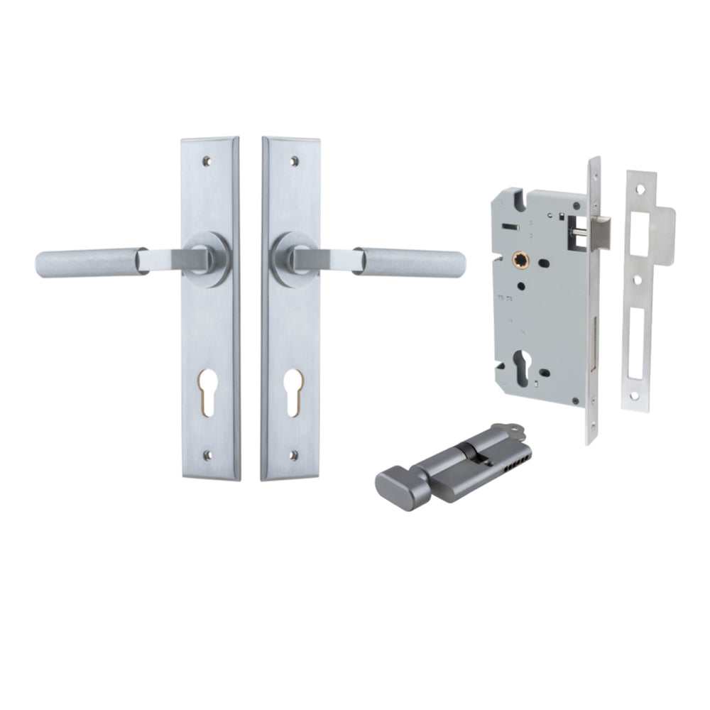 Pair of Iver Brunswick lever door handles on chamfered backplates, architectural hardware with a sleek, modern design.