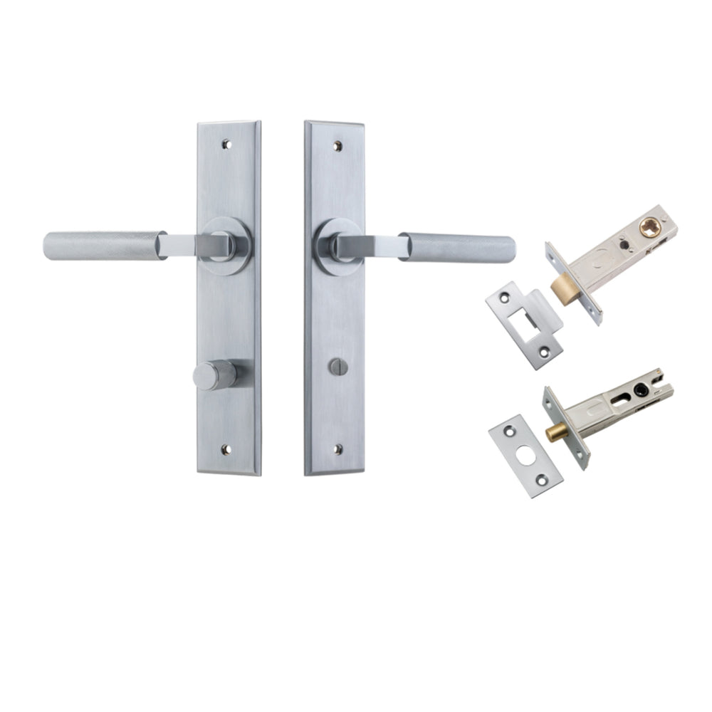 Door Lever Brunswick Chamfered Privacy Brushed Chrome CTC85mm L120xP59mm BPH240xW50mm Privacy Kit Tube Latch Split Cam 'T' Striker Brushed Chrome Backset 60mm, Privacy Bolt Round Bolt Brushed Chrome Backset 60mm in Brushed Chrome