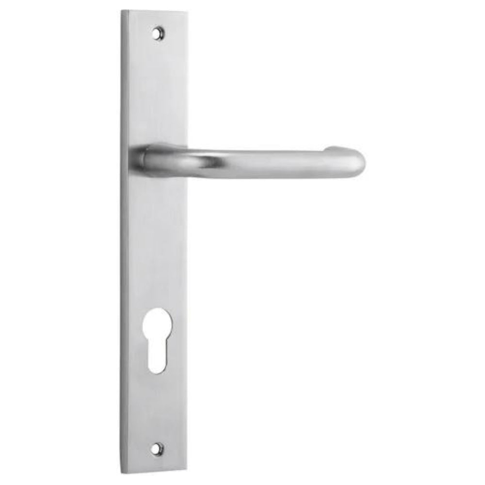 Door Lever Oslo Rectangular Euro Pair Brushed Chrome CTC85mm L120xP54mm BPH240xW38mm, Mortice Lock Euro Brushed Chrome CTC85mm Backset 60mm, Euro Cylinder Key Thumb 5 Pin Brushed Chrome 65mm KA4 in Brushed Chrome