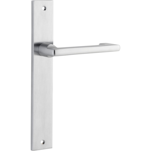 Pair of Iver Baltimore return levers on rectangular backplates, showcasing polished metal finish and modern door hardware design.