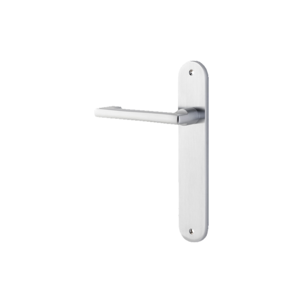 Door Lever Baltimore Return Oval Latch Left Hand Fixed Brushed Chrome L128xP54mm BPH240xW40mm in Brushed Chrome