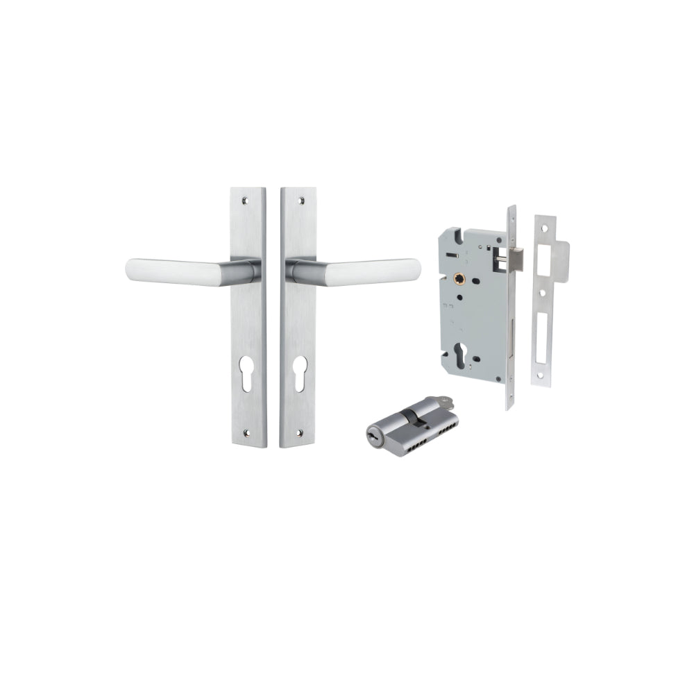 Door Lever Osaka Rectangular Euro Pair Brushed Chrome CTC85mm H240xW38xP55mm Entrance Kit, Mortice Lock Euro Brushed Chrome CTC85mm Backset 60mm, Euro Cylinder Dual Function 5 Pin Brushed Chrome L65mm KA1 in Brushed Chrome