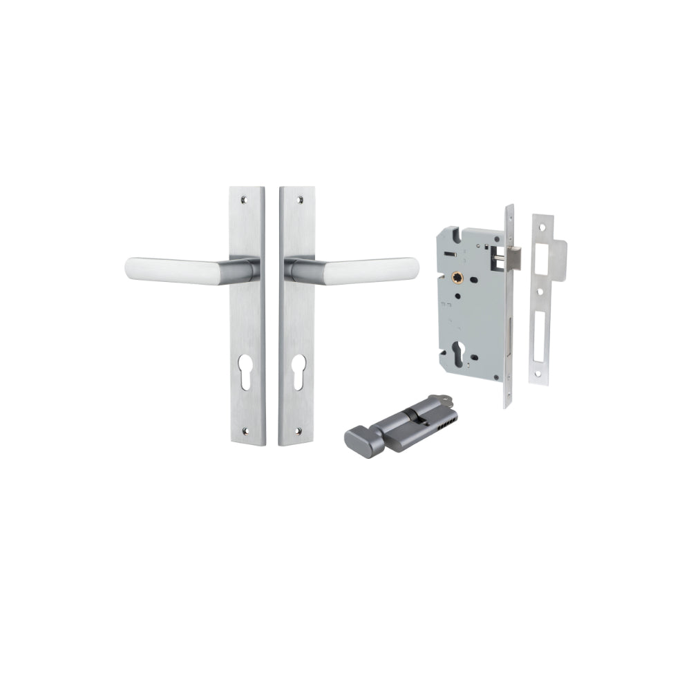 Door Lever Osaka Rectangular Euro Pair Brushed Chrome CTC85mm H240xW38xP55mm Entrance Kit, Mortice Lock Euro Brushed Chrome CTC85mm Backset 60mm, Euro Cylinder Key Thumb 6 Pin Brushed Chrome L70mm KA1 in Brushed Chrome