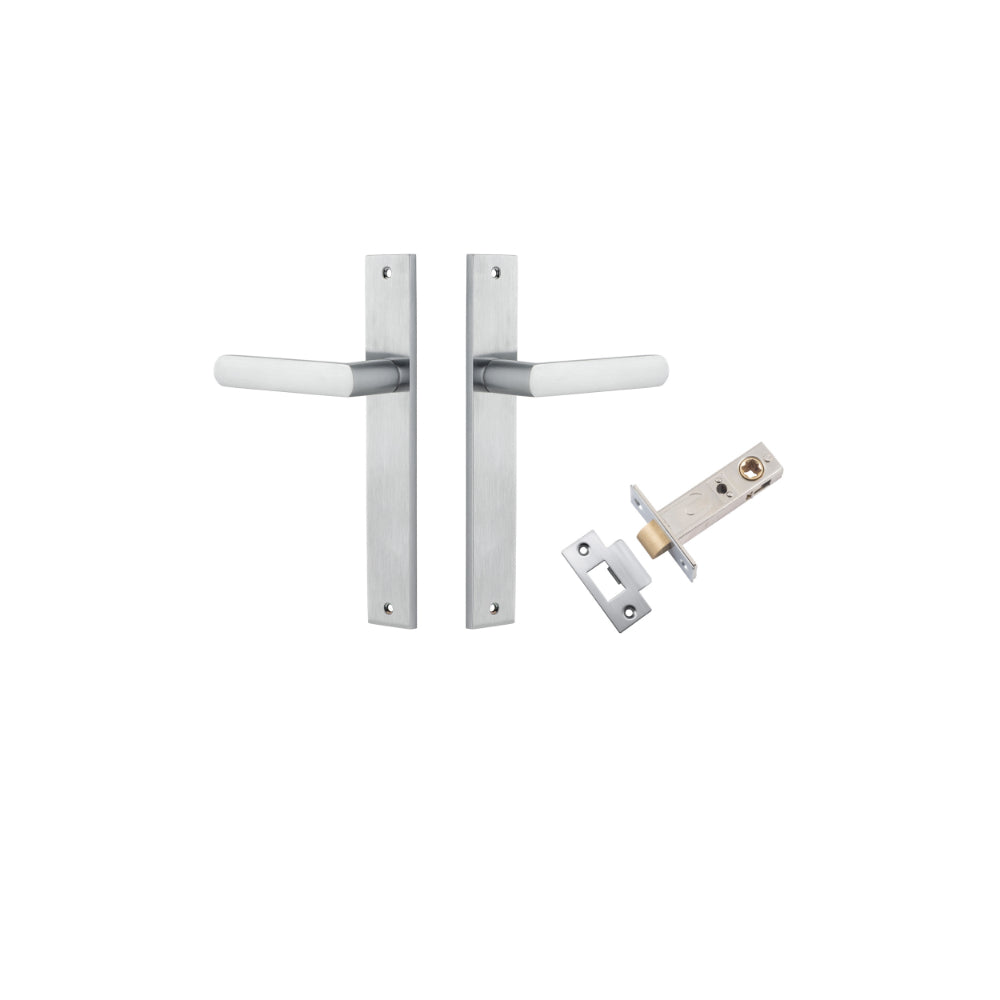 Door Lever Osaka Rectangular Latch Pair Brushed Chrome H240xW38xP55mm Passage Kit, Tube Latch Split Cam 'T' Striker Brushed Chrome Backset 60mm in Brushed Chrome