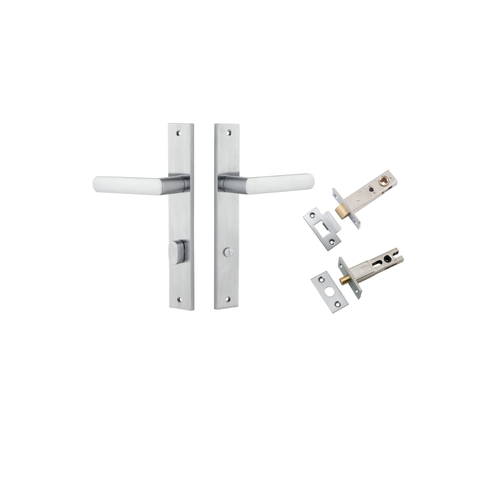 Door Lever Osaka Rectangular Privacy Pair Brushed Chrome CTC85mm H240xW38xP55mm Privacy Kit, Tube Latch Split Cam 'T' Striker Brushed Chrome Backset 60mm, Privacy Bolt Round Bolt Brushed Chrome Backset 60mm in Brushed Chrome