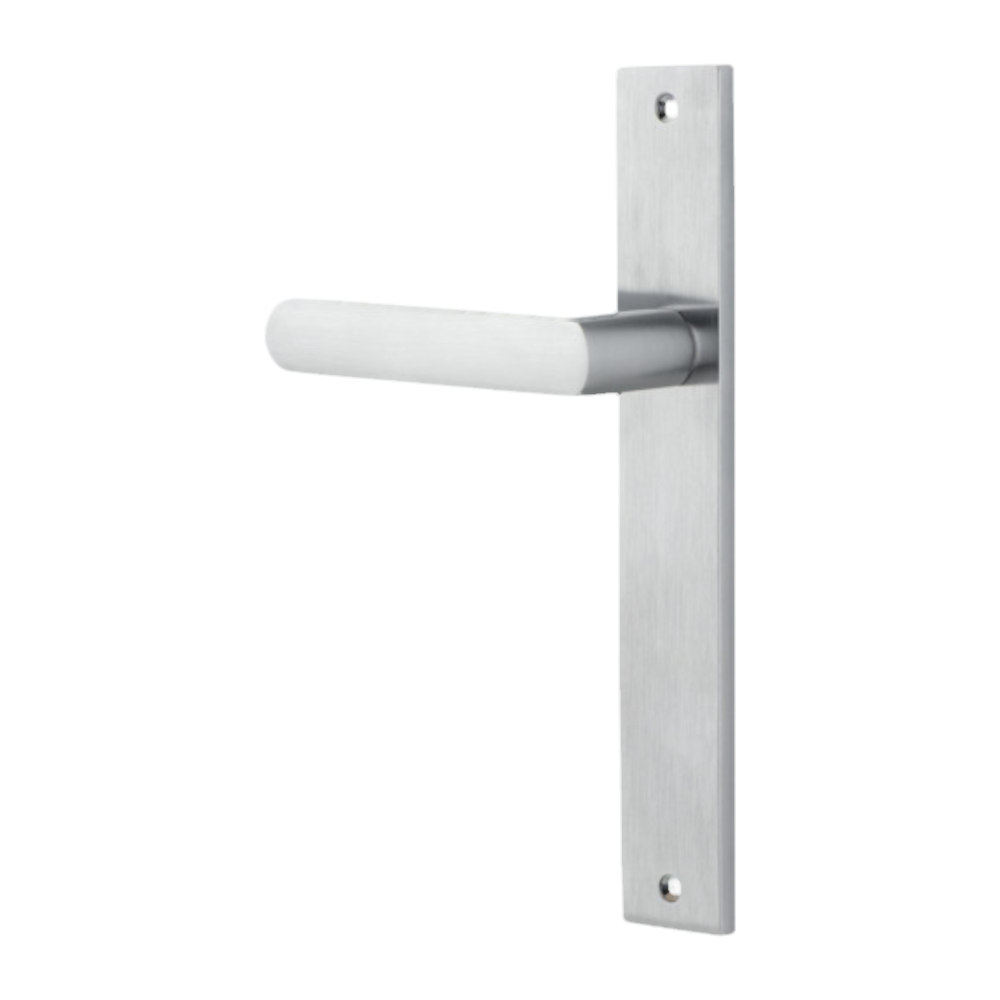 Door Lever Osaka Rectangular Latch Left Hand Fixed Brushed Chrome L120xP52mm BPH240xW38mm in Brushed Chrome
