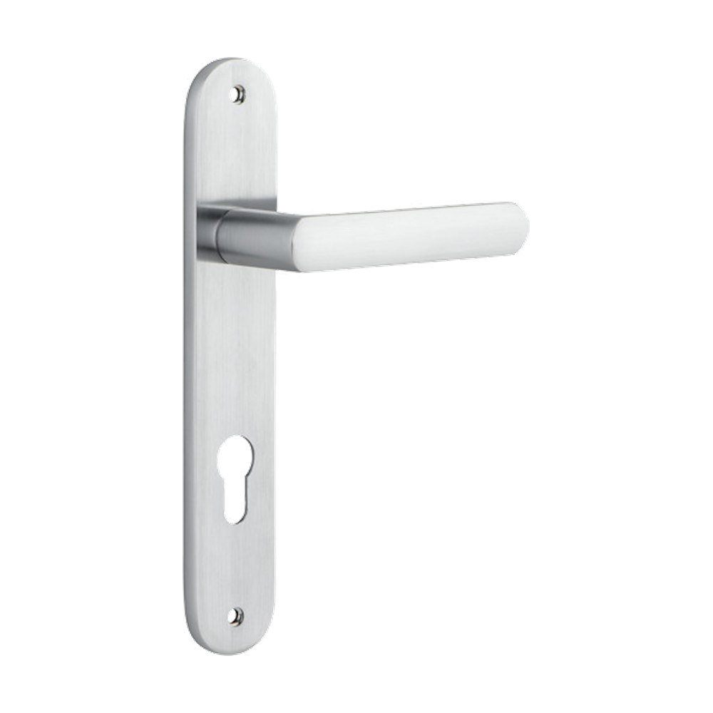 Door Lever Osaka Oval Euro Pair Brushed Chrome CTC85mm H240xW40xP55mm in Brushed Chrome