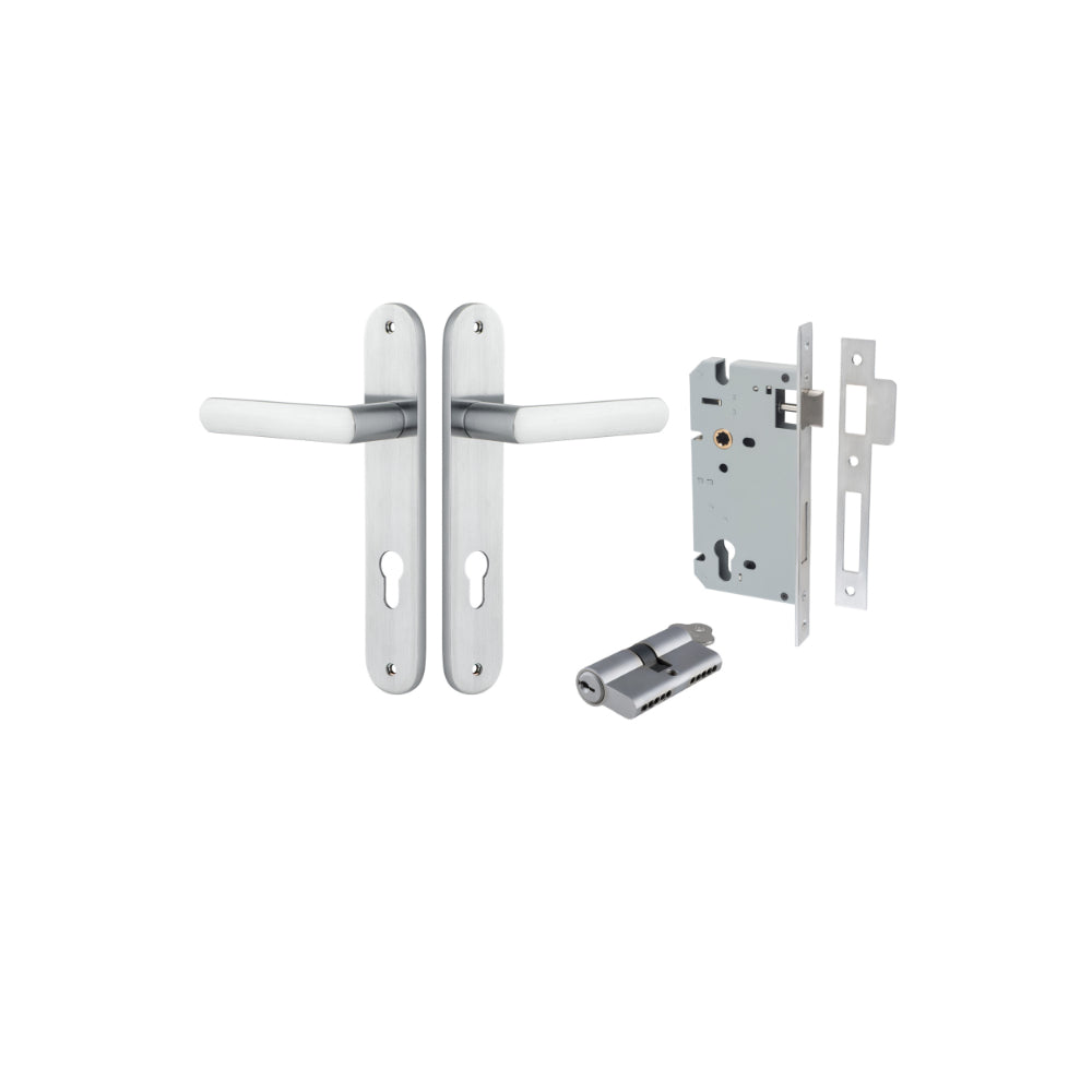 Door Lever Osaka Oval Euro Pair Brushed Chrome CTC85mm H240xW40xP55mm Entrance Kit Mortice Lock Euro Brushed Chrome CTC85mm Backset 60mm, Euro Cylinder Dual Function 5 Pin Brushed Chrome L65mm KA1 in Brushed Chrome