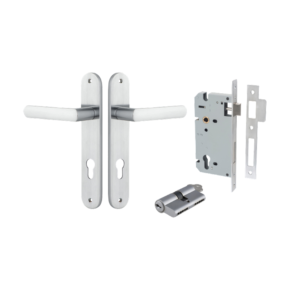 Door Lever Osaka Oval Euro Pair Brushed Chrome CTC85mm H240xW40xP55mm Entrance Kit Mortice Lock Euro Brushed Chrome CTC85mm Backset 60mm, Euro Cylinder Dual Function 5 Pin Brushed Chrome L65mm KA1 in Brushed Chrome