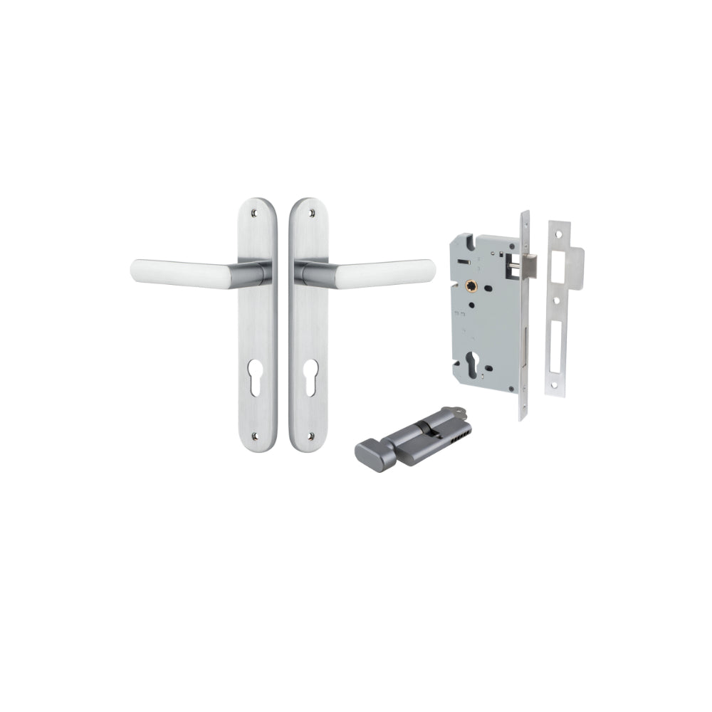 Door Lever Osaka Oval Euro Pair Brushed Chrome CTC85mm H240xW40xP55mm Entrance Kit Mortice Lock Euro Brushed Chrome CTC85mm Backset 60mm, Euro Cylinder Key Thumb 6 Pin Brushed Chrome L70mm KA1 in Brushed Chrome