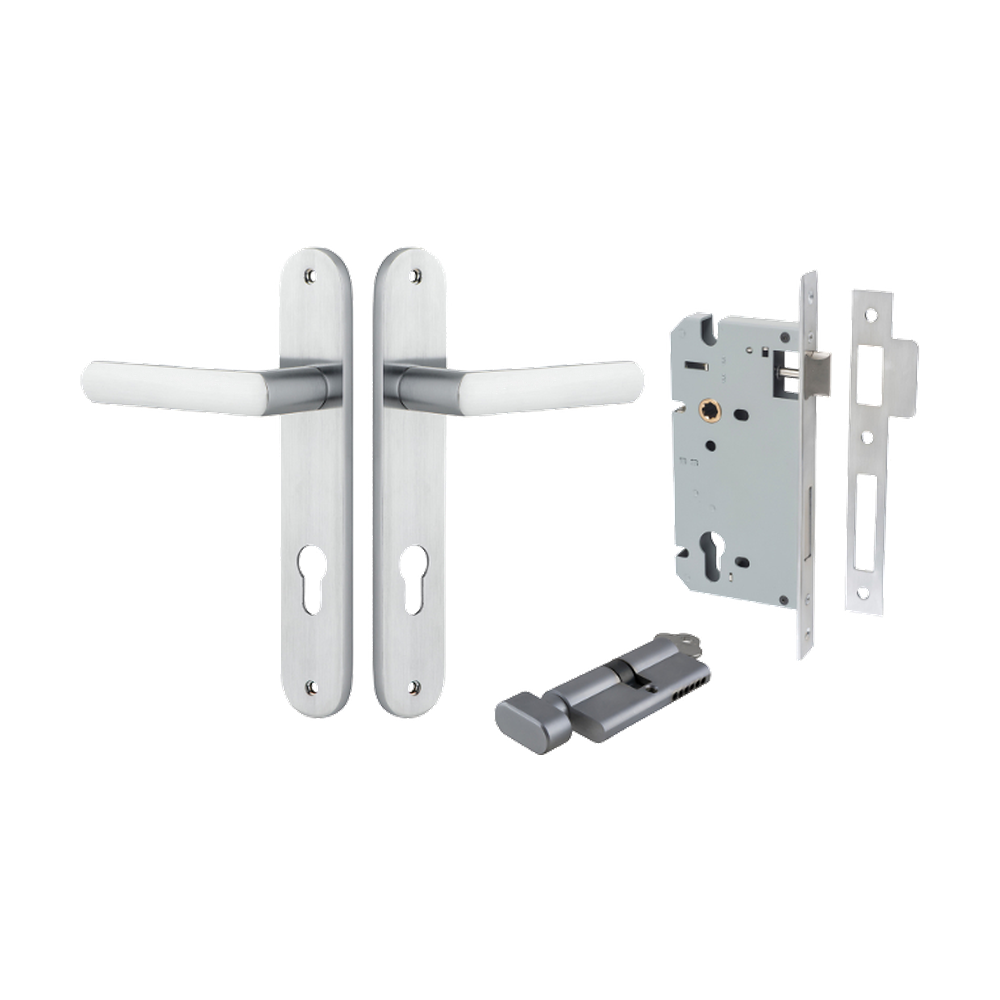 Door Lever Osaka Oval Euro Pair Brushed Chrome CTC85mm H240xW40xP55mm Entrance Kit Mortice Lock Euro Brushed Chrome CTC85mm Backset 60mm, Euro Cylinder Key Thumb 6 Pin Brushed Chrome L70mm KA1 in Brushed Chrome