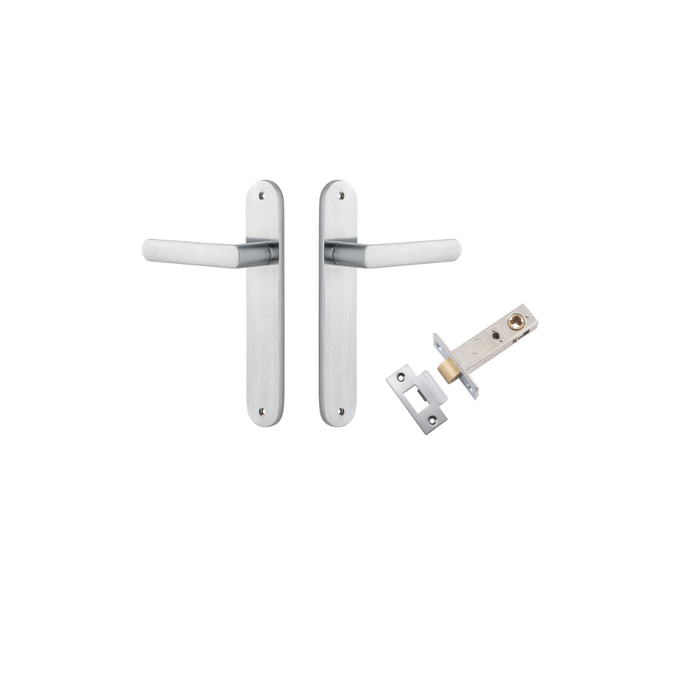 Door Lever Osaka Oval Latch Pair Brushed Chrome H240xW40xP55mm Passage Kit Tube Latch Split Cam 'T' Striker Brushed Chrome Backset 60mm in Brushed Chrome