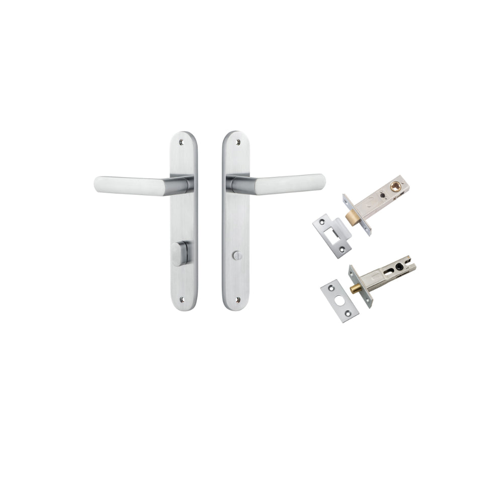 Door Lever Osaka Oval Privacy Pair Brushed Chrome CTC85mm H240xW40xP55mm Privacy Kit Tube Latch Split Cam 'T' Striker Brushed Chrome Backset 60mm, Privacy Bolt Round Bolt Brushed Chrome Backset 60mm in Brushed Chrome
