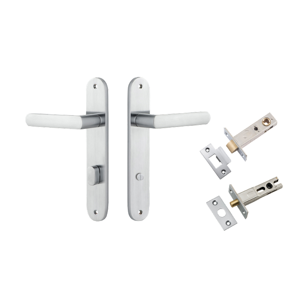 Door Lever Osaka Oval Privacy Pair Brushed Chrome CTC85mm H240xW40xP55mm Privacy Kit Tube Latch Split Cam 'T' Striker Brushed Chrome Backset 60mm, Privacy Bolt Round Bolt Brushed Chrome Backset 60mm in Brushed Chrome