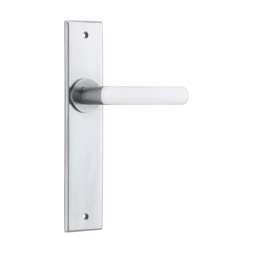 Door Lever Osaka Chamfered Latch Pair Brushed Chrome H240xW50xP55mm in Brushed Chrome