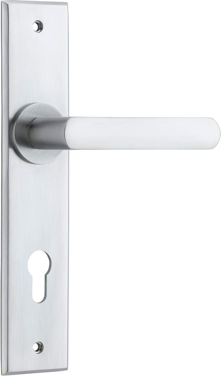 Door Lever Osaka Chamfered Euro Pair Brushed Chrome CTC85mm H240xW50xP55mm in Brushed Chrome