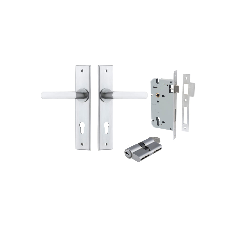 Door Lever Osaka Chamfered Euro Pair Brushed Chrome CTC85mm L120xP54mm BPH240xW50mm Mortice Lock Euro Brushed Chrome CTC85mm Backset 60mm, Euro Cylinder Dual Function 5 Pin Brushed Chrome 65mm KA4 in Brushed Chrome