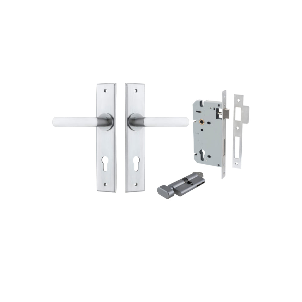 Door Lever Osaka Chamfered Euro Pair Brushed Chrome CTC85mm L120xP54mm BPH240xW50mm Mortice Lock Euro Brushed Chrome CTC85mm Backset 60mm, Euro Cylinder Key Thumb 5 Pin Brushed Chrome 65mm KA4 in Brushed Chrome