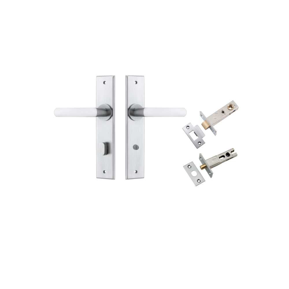 Door Lever Osaka Chamfered Privacy Brushed Chrome CTC85mm L120xP54mm BPH240xW50mm Privacy Kit Tube Latch Split Cam 'T' Striker Brushed Chrome Backset 60mm, Privacy Bolt Round Bolt Brushed Chrome Backset 60mm in Brushed Chrome