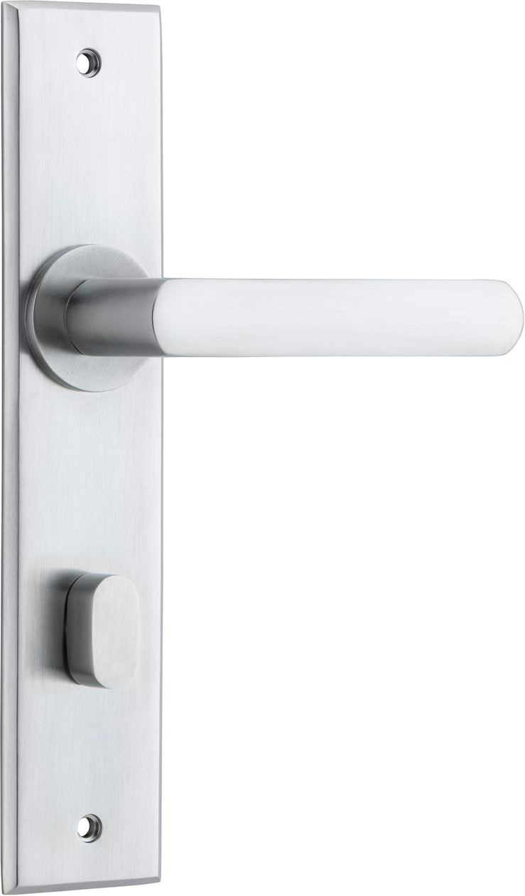 Door Lever Osaka Chamfered Privacy Pair Brushed Chrome CTC85mm H240xW50xP55mm in Brushed Chrome
