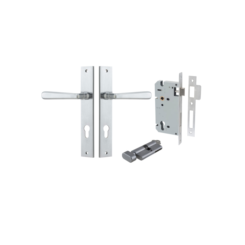 Door Lever Copenhagen Rectangular Euro Pair Brushed Chrome CTC85mm H240xW38xP61mm Entrance Kit, Mortice Lock Euro Brushed Chrome CTC85mm Backset 60mm, Euro Cylinder Key Thumb 6 Pin Brushed Chrome L70mm KA1 in Brushed Chrome