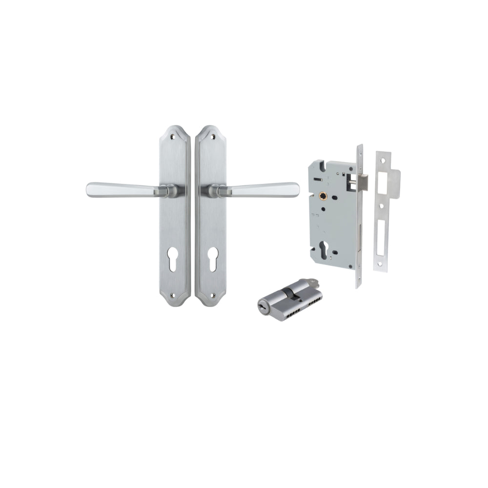Door Lever Copenhagen Shouldered Euro Pair Brushed Chrome CTC85mm H250xW48xP61mm Entrance Kit Mortice Lock Euro Brushed Chrome CTC85mm Backset 60mm, Euro Cylinder Dual Function 5 Pin Brushed Chrome L65mm KA1 in Brushed Chrome