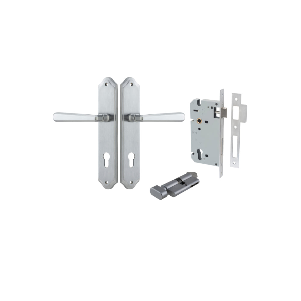 Door Lever Copenhagen Shouldered Euro Pair Brushed Chrome CTC85mm H250xW48xP61mm Entrance Kit Mortice Lock Euro Brushed Chrome CTC85mm Backset 60mm, Euro Cylinder Key Thumb 6 Pin Brushed Chrome L70mm KA1 in Brushed Chrome
