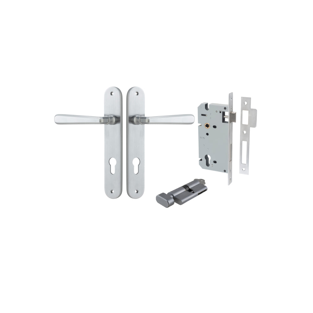 Door Lever Copenhagen Oval Euro Pair Brushed Chrome CTC85mm H240xW40xP61mm Entrance Kit Mortice Lock Euro Brushed Chrome CTC85mm Backset 60mm, Euro Cylinder Key Thumb 6 Pin Brushed Chrome L70mm KA1 in Brushed Chrome