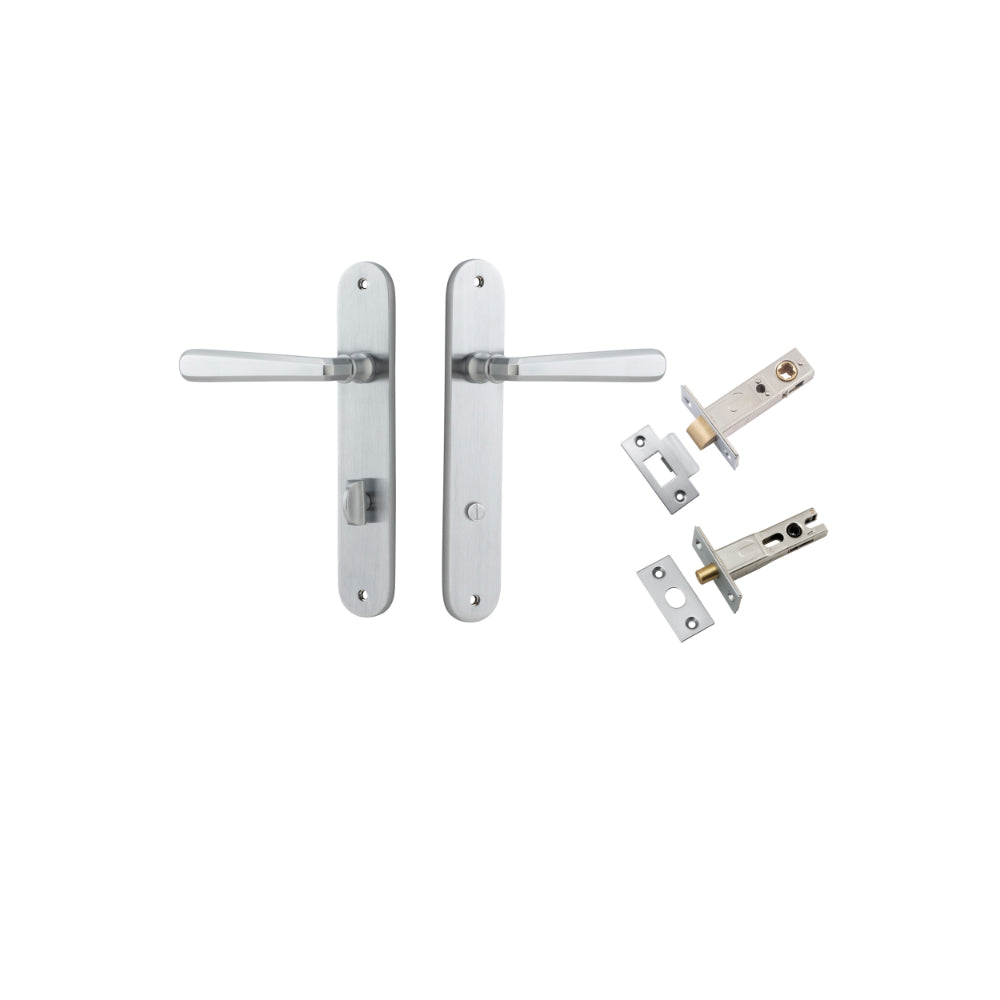 Door Lever Copenhagen Oval Privacy Pair Brushed Chrome CTC85mm H240xW40xP61mm Inbuilt Privacy Kit Tube Latch Split Cam 'T' Striker Brushed Chrome Backset 60mm, Privacy Bolt Round Bolt Brushed Chrome Backset 60mm in Brushed Chrome