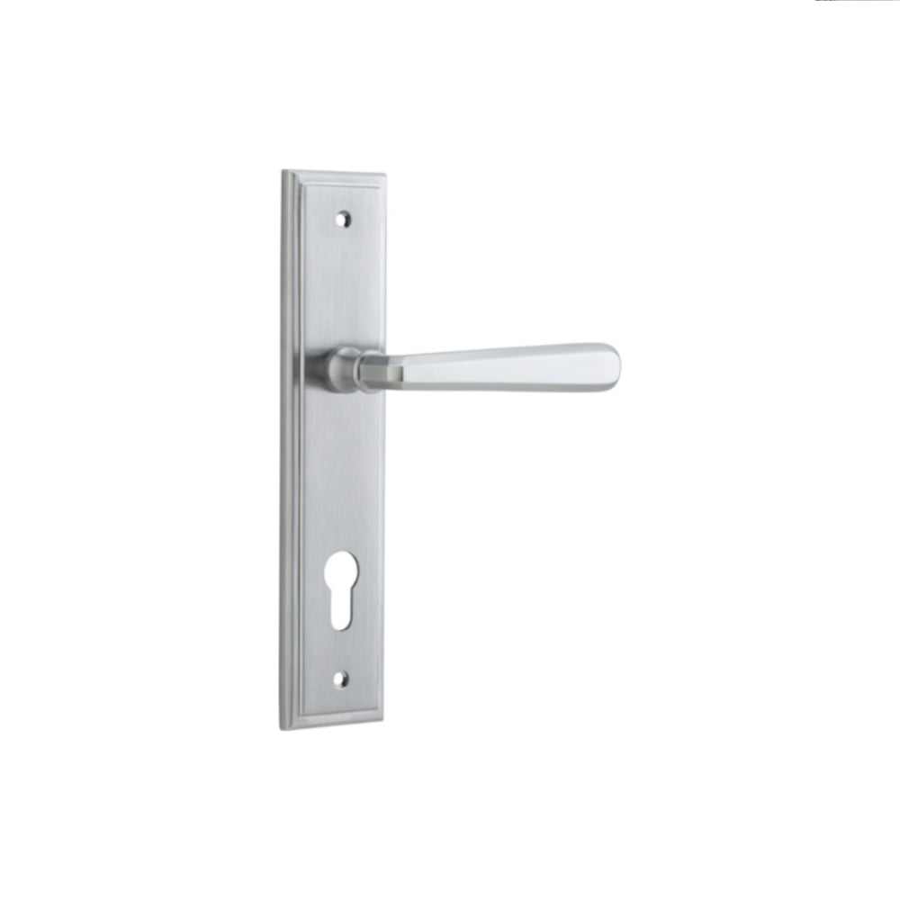 Door Lever Copenhagen Stepped Euro Pair Brushed Chrome CTC85mm H237xW50xP61mm in Brushed Chrome