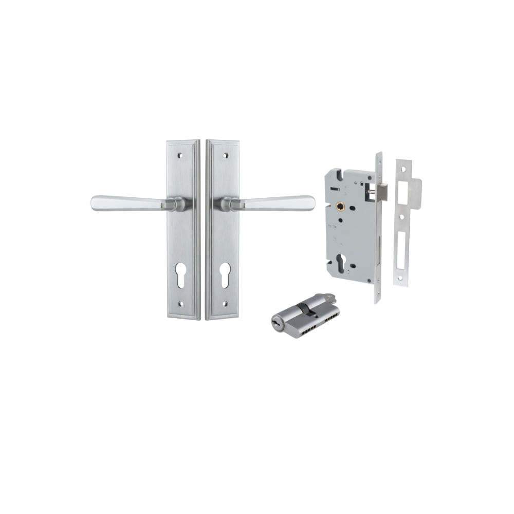 Door Lever Copenhagen Stepped Euro Pair Brushed Chrome CTC85mm H237xW50xP61mm Entrance Kit Mortice Lock Euro Brushed Chrome CTC85mm Backset 60mm, Euro Cylinder Dual Function 5 Pin Brushed Chrome L65mm KA1 in Brushed Chrome