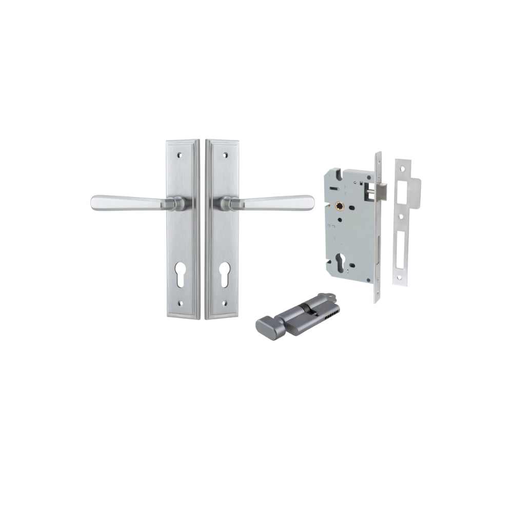 Door Lever Copenhagen Stepped Euro Pair Brushed Chrome CTC85mm H237xW50xP61mm Entrance Kit Mortice Lock Euro Brushed Chrome CTC85mm Backset 60mm, Euro Cylinder Key Thumb 6 Pin Brushed Chrome L70mm KA1 in Brushed Chrome