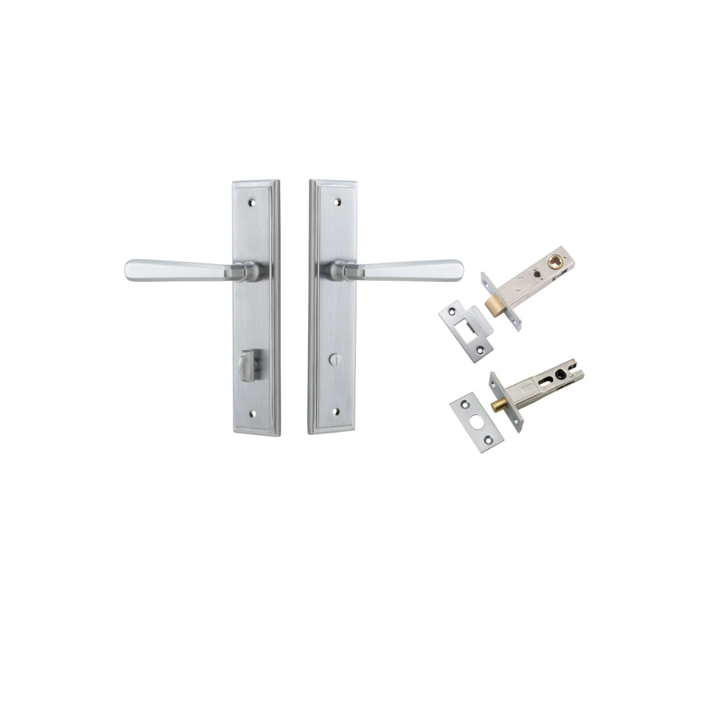 Door Lever Copenhagen Stepped Privacy Pair Brushed Chrome CTC85mm H237xW50xP61mm Inbuilt Privacy Kit Tube Latch Split Cam 'T' Striker Brushed Chrome Backset 60mm, Privacy Bolt Round Bolt Brushed Chrome Backset 60mm in Brushed Chrome