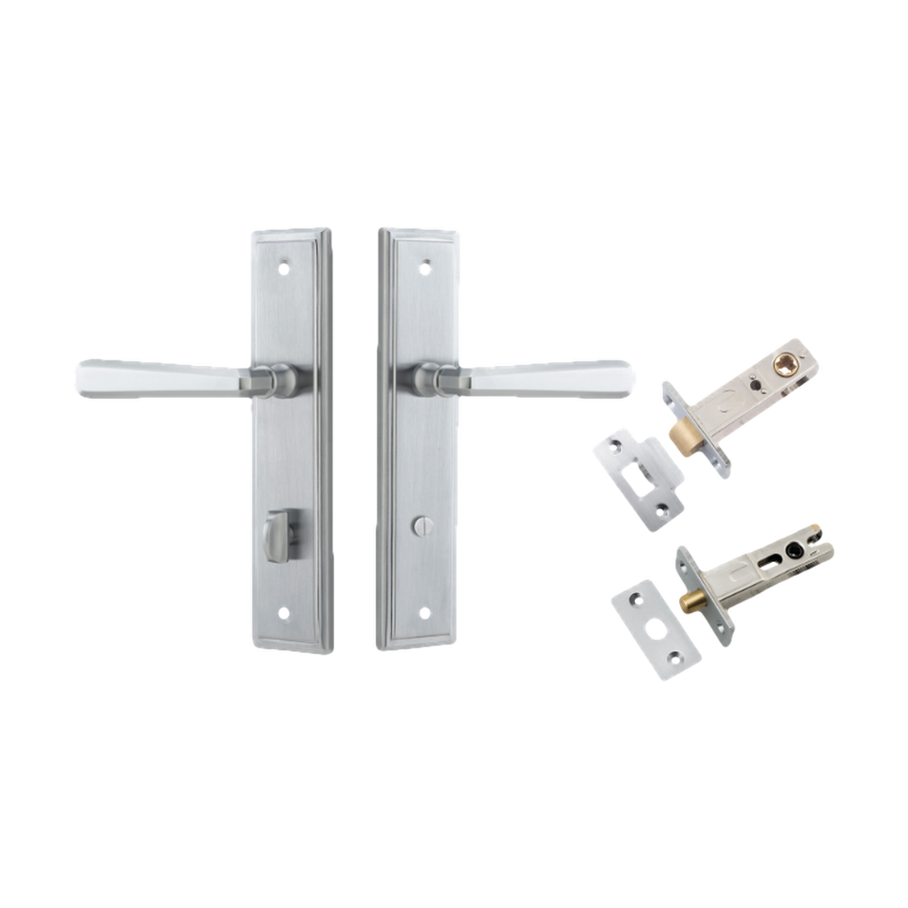 Pair of Iver Copenhagen architectural hardware levers with stepped backplates, showcasing sleek, modern door handle design.