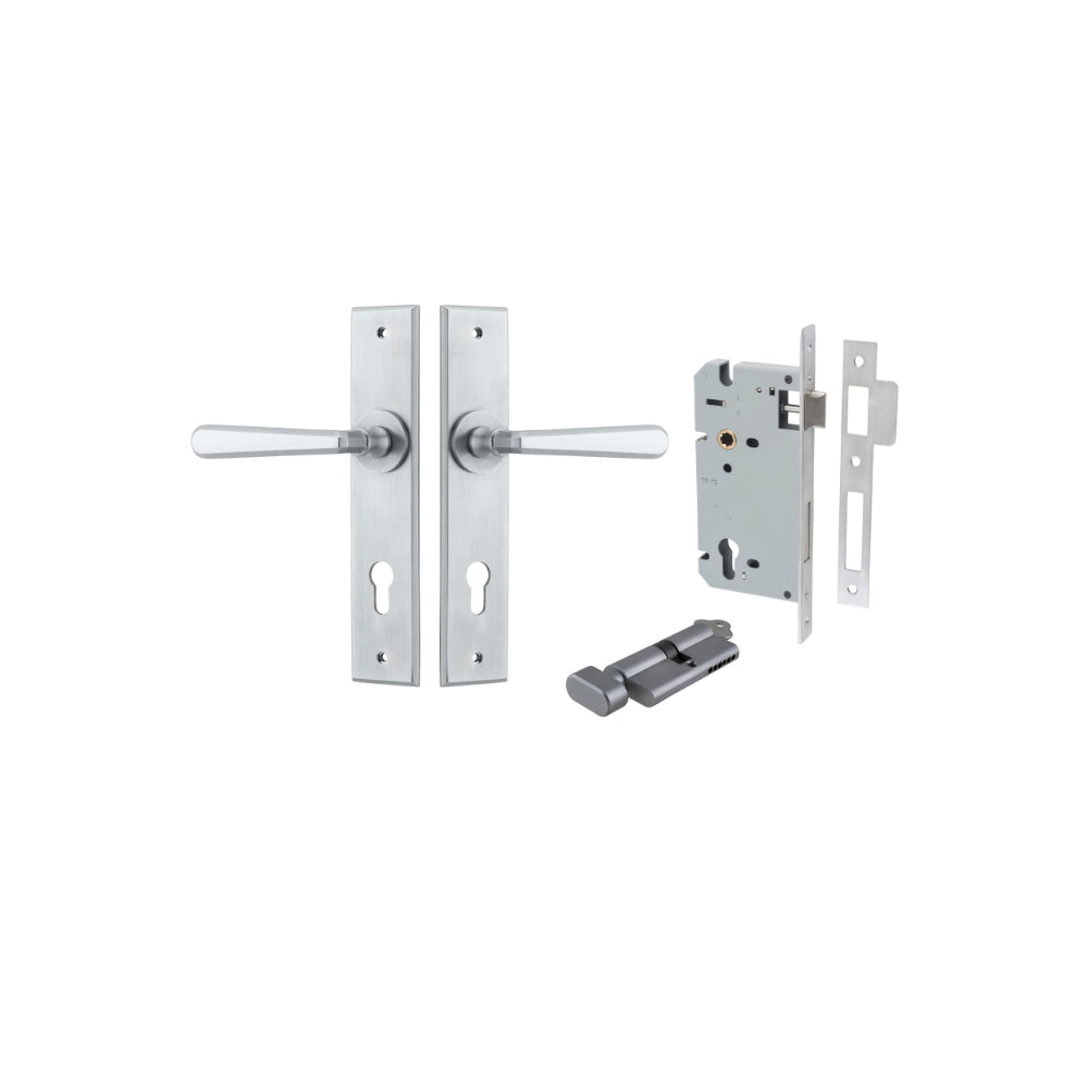 Door Lever Copenhagen Chamfered Euro Pair Brushed Chrome CTC85mm L120xP59mm BPH240xW50mm Mortice Lock Euro Brushed Chrome CTC85mm Backset 60mm, Euro Cylinder Key Thumb 5 Pin Brushed Chrome 65mm KA4 in Brushed Chrome