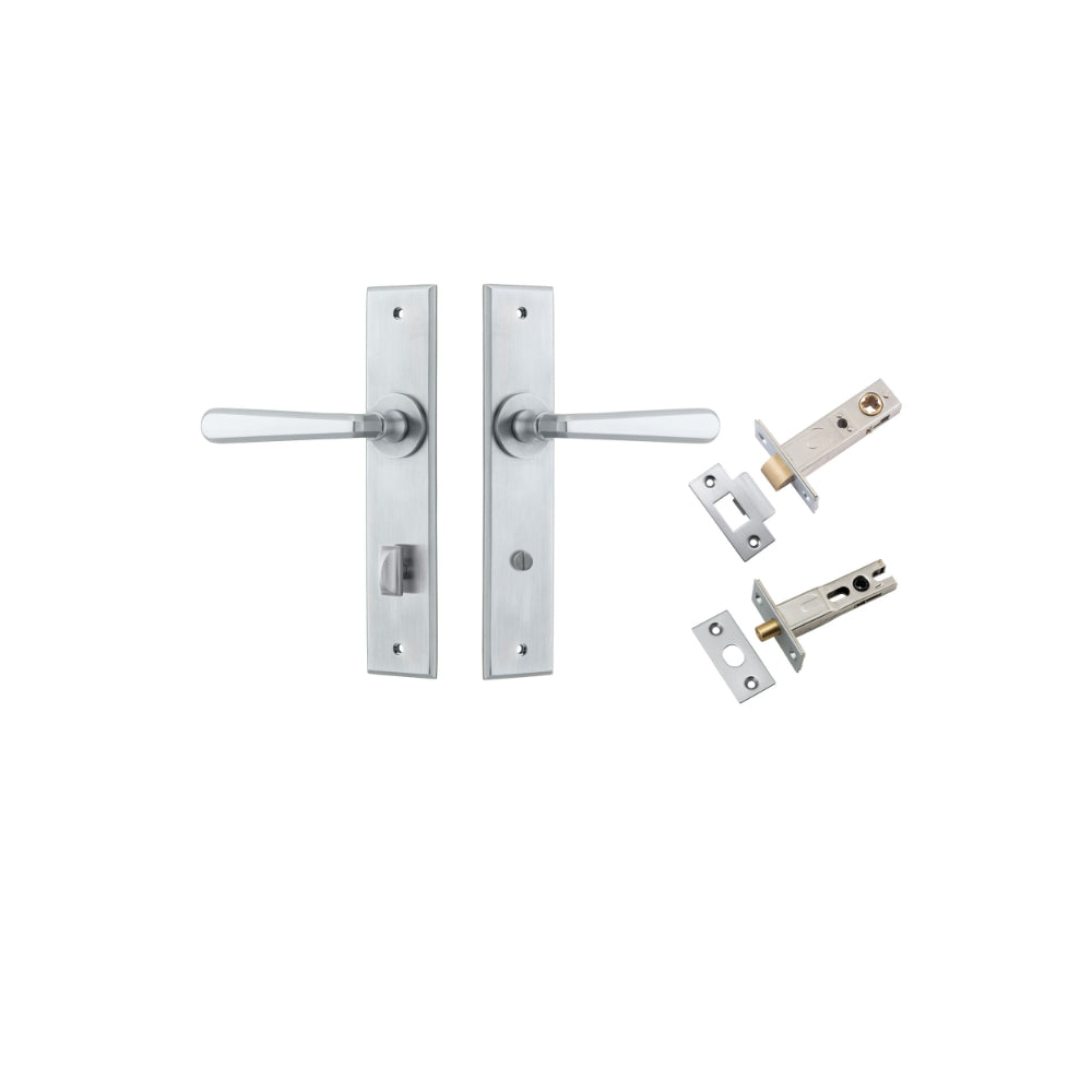 Door Lever Copenhagen Chamfered Privacy Brushed Chrome CTC85mm L120xP59mm BPH240xW50mm Privacy Kit Tube Latch Split Cam 'T' Striker Brushed Chrome Backset 60mm, Privacy Bolt Round Bolt Brushed Chrome Backset 60mm in Brushed Chrome