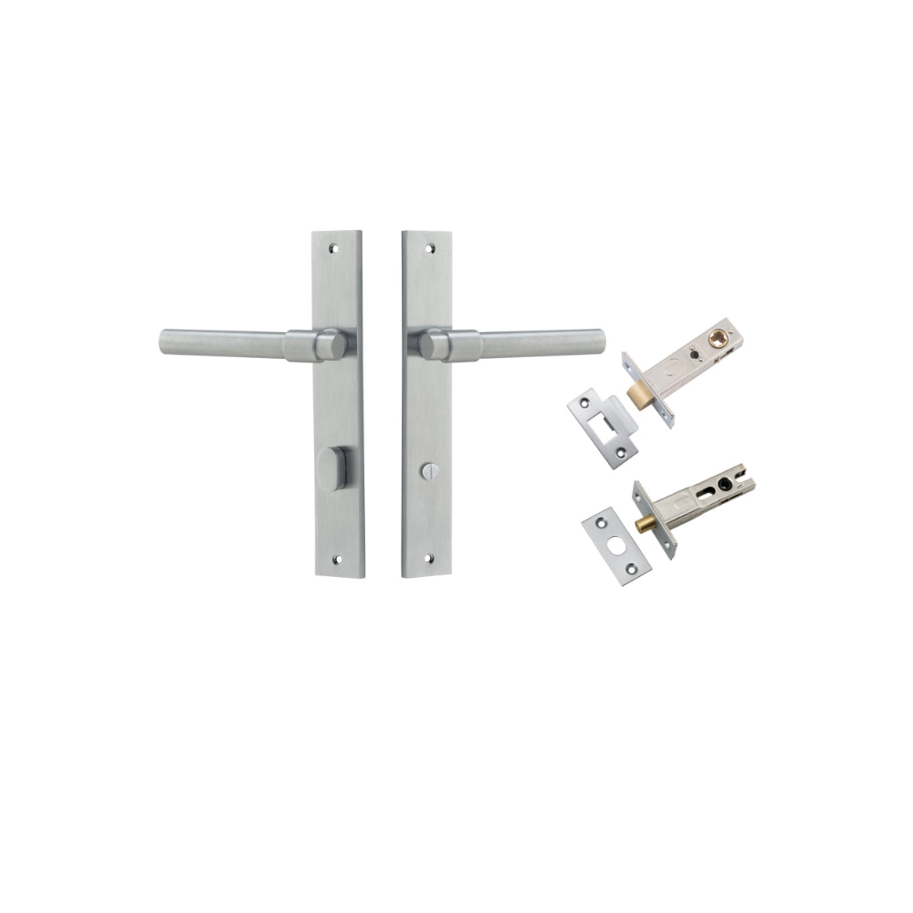 Door Lever Helsinki Rectangular Privacy Pair Brushed Chrome CTC85mm H240xW38xP44mm Privacy Kit, Tube Latch Split Cam 'T' Striker Brushed Chrome Backset 60mm, Privacy Bolt Round Bolt Brushed Chrome Backset 60mm in Brushed Chrome