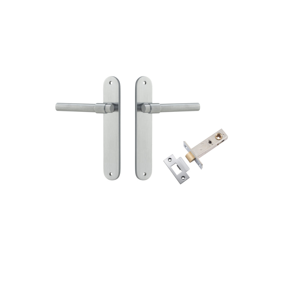 Door Lever Helsinki Oval Latch Pair Brushed Chrome H240xW40xP44mm Passage Kit Tube Latch Split Cam 'T' Striker Brushed Chrome Backset 60mm in Brushed Chrome