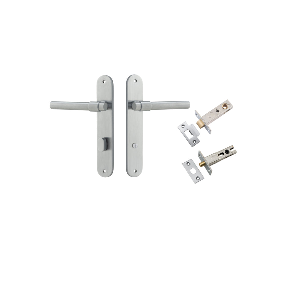 Door Lever Helsinki Oval Privacy Pair Brushed Chrome CTC85mm H240xW40xP44mm Privacy Kit Tube Latch Split Cam 'T' Striker Brushed Chrome Backset 60mm, Privacy Bolt Round Bolt Brushed Chrome Backset 60mm in Brushed Chrome