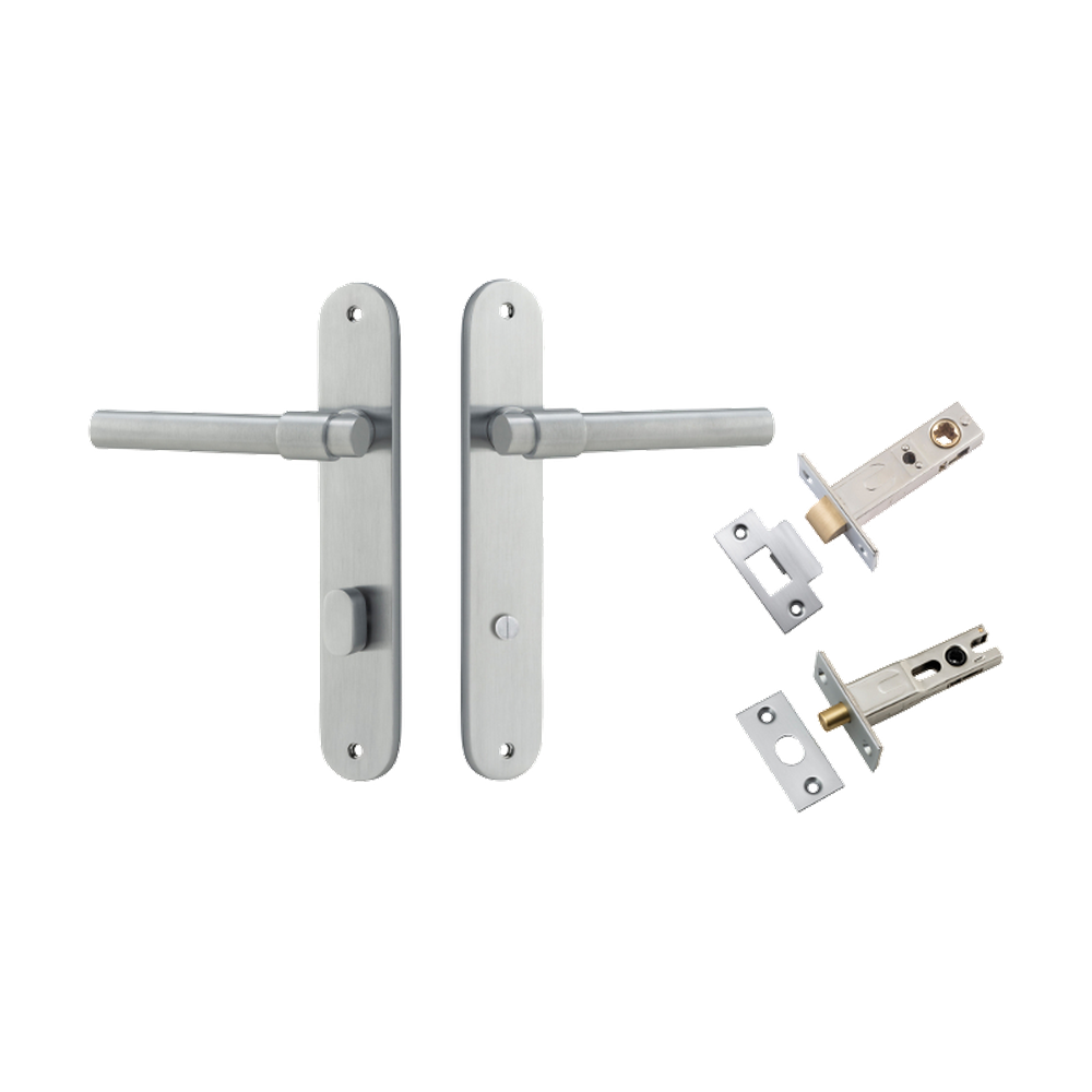Door Lever Helsinki Oval Privacy Pair Brushed Chrome CTC85mm H240xW40xP44mm Privacy Kit Tube Latch Split Cam 'T' Striker Brushed Chrome Backset 60mm, Privacy Bolt Round Bolt Brushed Chrome Backset 60mm in Brushed Chrome