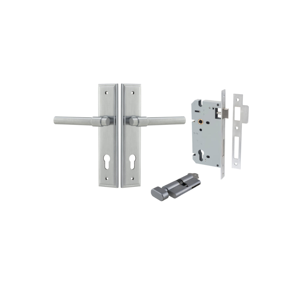 Door Lever Helsinki Stepped Euro Pair Brushed Chrome CTC85mm H237xW50xP44mm Entrance Kit Mortice Lock Euro Brushed Chrome CTC85mm Backset 60mm, Euro Cylinder Key Thumb 6 Pin Brushed Chrome L70mm KA1 in Brushed Chrome