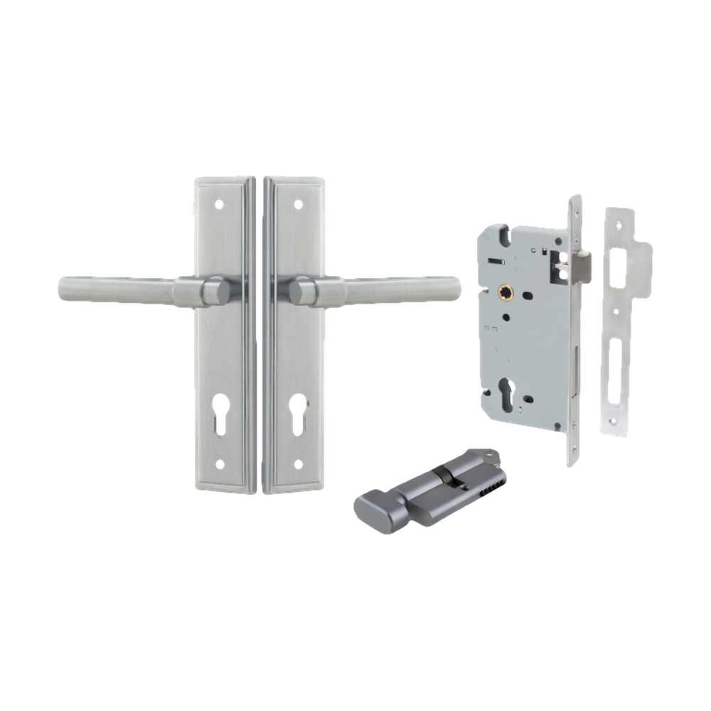 Door Lever Helsinki Stepped Euro Pair Brushed Chrome CTC85mm H237xW50xP44mm Entrance Kit Mortice Lock Euro Brushed Chrome CTC85mm Backset 60mm, Euro Cylinder Key Thumb 6 Pin Brushed Chrome L70mm KA1 in Brushed Chrome