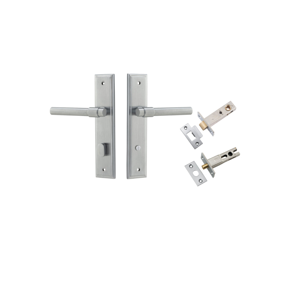Door Lever Helsinki Stepped Privacy Pair Brushed Chrome CTC85mm H237xW50xP44mm Inbuilt Privacy Kit Tube Latch Split Cam 'T' Striker Brushed Chrome Backset 60mm, Privacy Bolt Round Bolt Brushed Chrome Backset 60mm in Brushed Chrome