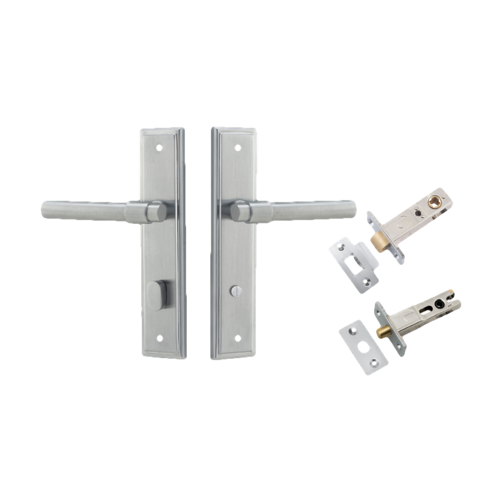 Door Lever Helsinki Stepped Privacy Pair Brushed Chrome CTC85mm H237xW50xP44mm Inbuilt Privacy Kit Tube Latch Split Cam 'T' Striker Brushed Chrome Backset 60mm, Privacy Bolt Round Bolt Brushed Chrome Backset 60mm in Brushed Chrome