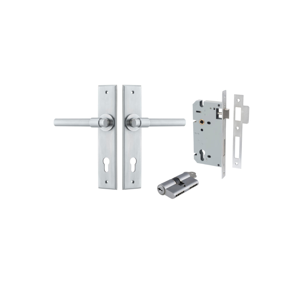 Door Lever Helsinki Chamfered Euro Pair Brushed Chrome CTC85mm L137xP60mm BPH240xW50mm Mortice Lock Euro Brushed Chrome CTC85mm Backset 60mm, Euro Cylinder Dual Function 5 Pin Brushed Chrome 65mm KA4 in Brushed Chrome