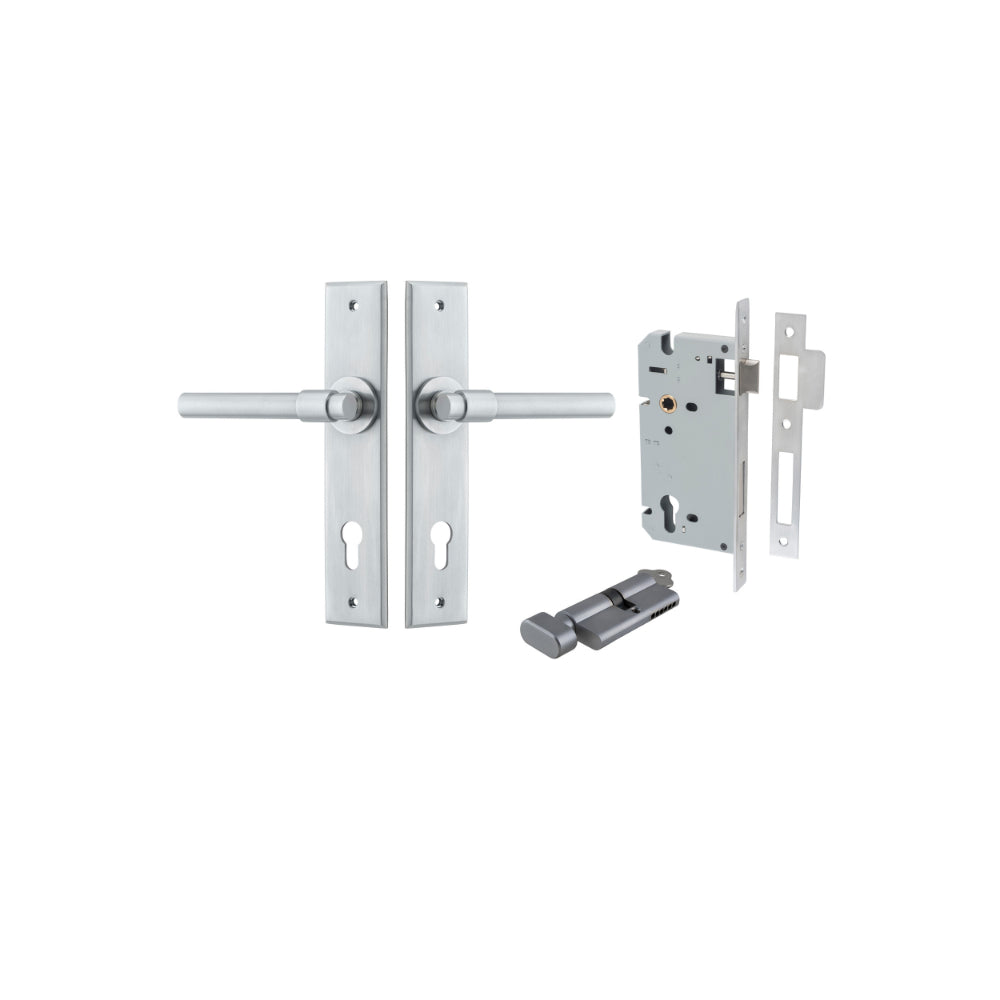Door Lever Helsinki Chamfered Euro Pair Brushed Chrome CTC85mm L137xP60mm BPH240xW50mm Mortice Lock Euro Brushed Chrome CTC85mm Backset 60mm, Euro Cylinder Key Thumb 5 Pin Brushed Chrome 65mm KA4 in Brushed Chrome